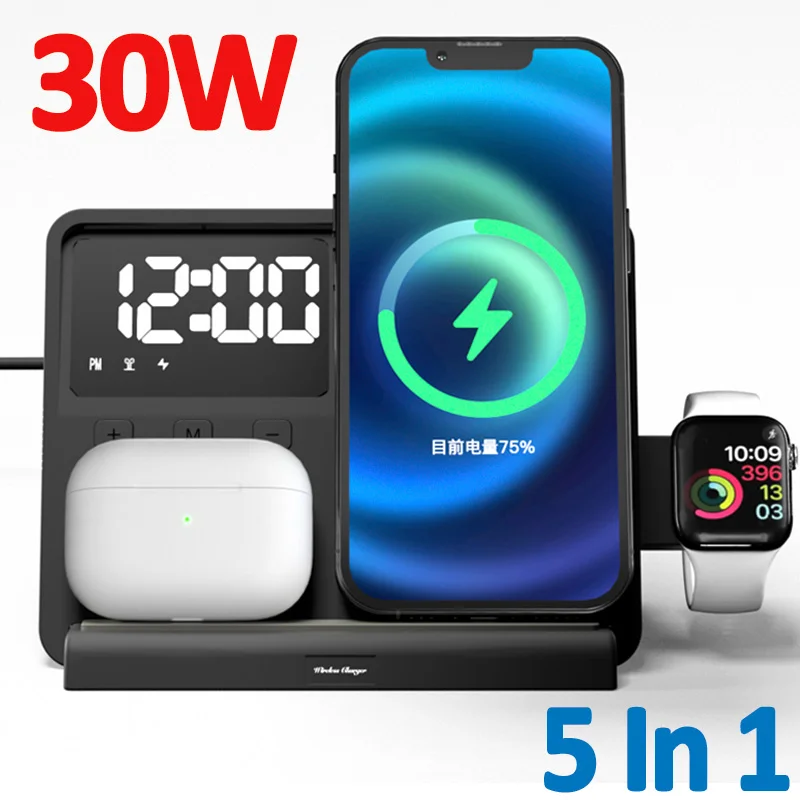 30W 5 In 1 Wireless Charger Stand For iPhone 14 13 12 11 Pro Max X Apple Watch Fast Charging Station For Airpods Pro IWatch 8 7