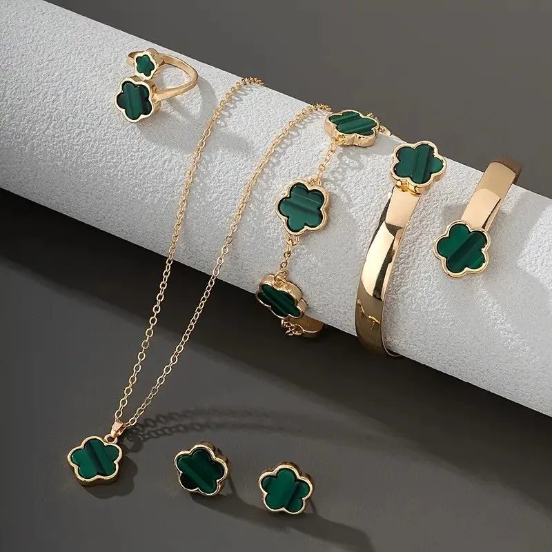 Conjunto de Joias Femininas com 5 Peças em Forma de Flor de Cinco Pétalas, Pulseira + Colar + Brincos + Anel, Presente de Aniversário