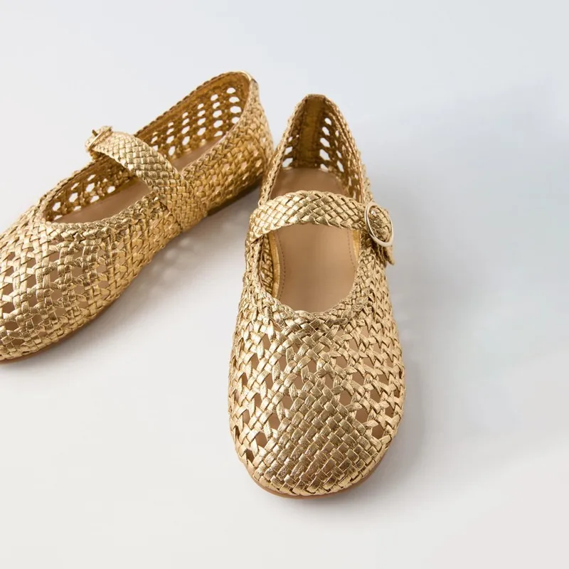 

Golden Woven Ballet Flat oes Women's Flat Bot Mary Jane Trendy Street Sle round Toe Low Heel Comfortable Faionable