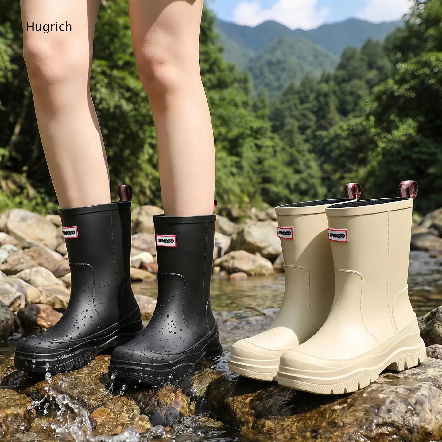 Women Mid Calf Rain Boots Waterproof Label Patch Detail Anti Slip Outsole Durable Wellies for Outdoor Rainy Day Activities