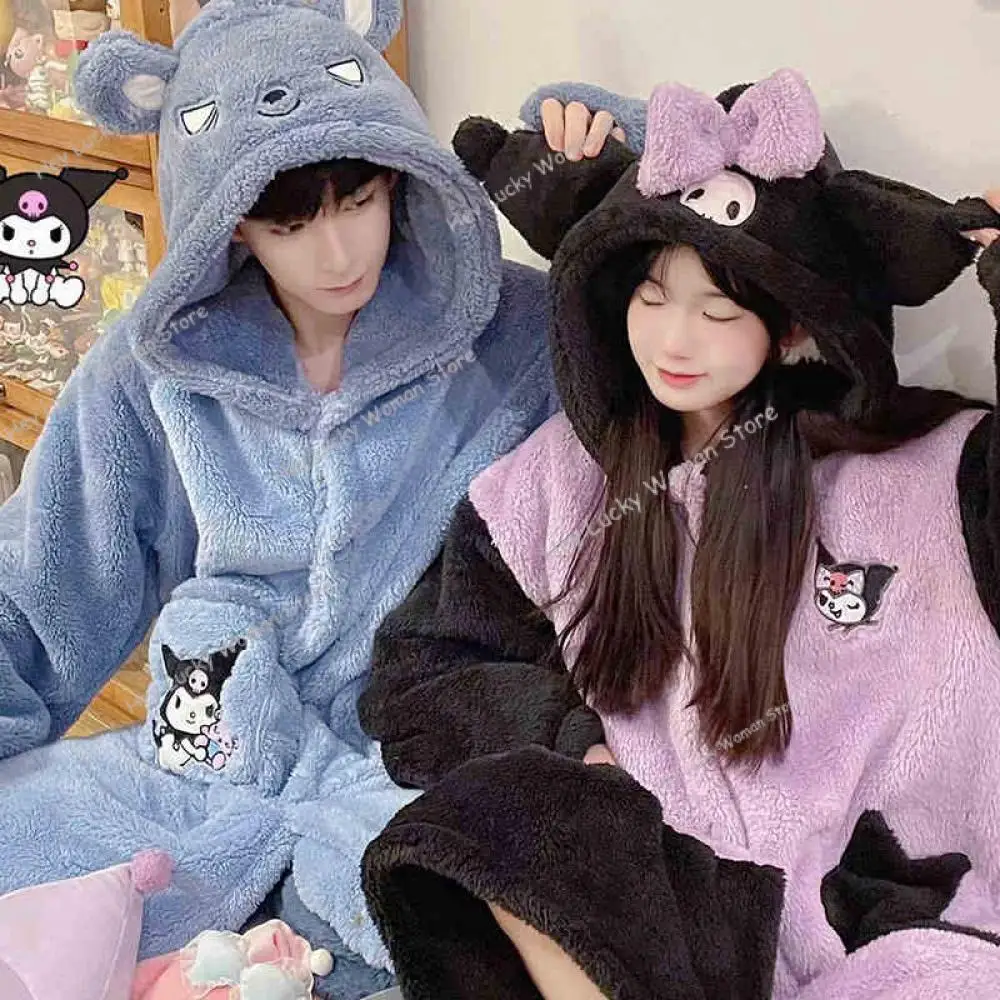 

Y2K Cartoon Plush Pajamas Sanrios Kuromi Winter Kawaii Women Hooded Nightgown Long Cute Girls Thickened Warm Couple's Nightgown