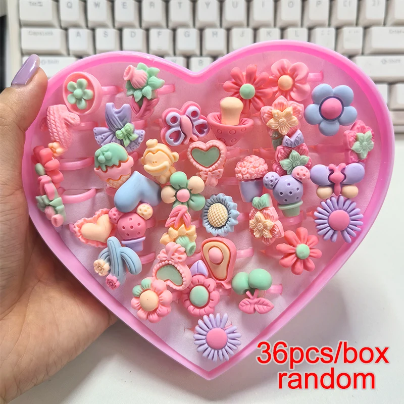 36Pcs Kids Cute Princess Rings Resin Cartoon Jewelry Flower Shape Adjustable Ring Set Creative Accessories Toys for Girl Gifts