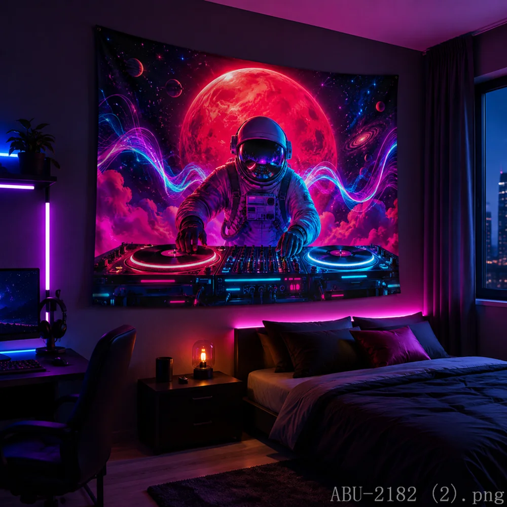 VIKAMA Psychedelic Turntable DJ Tapestry Vibrant Space Astronaut Wall Hanging Modern Home Decor Wall Art Tapestry Art