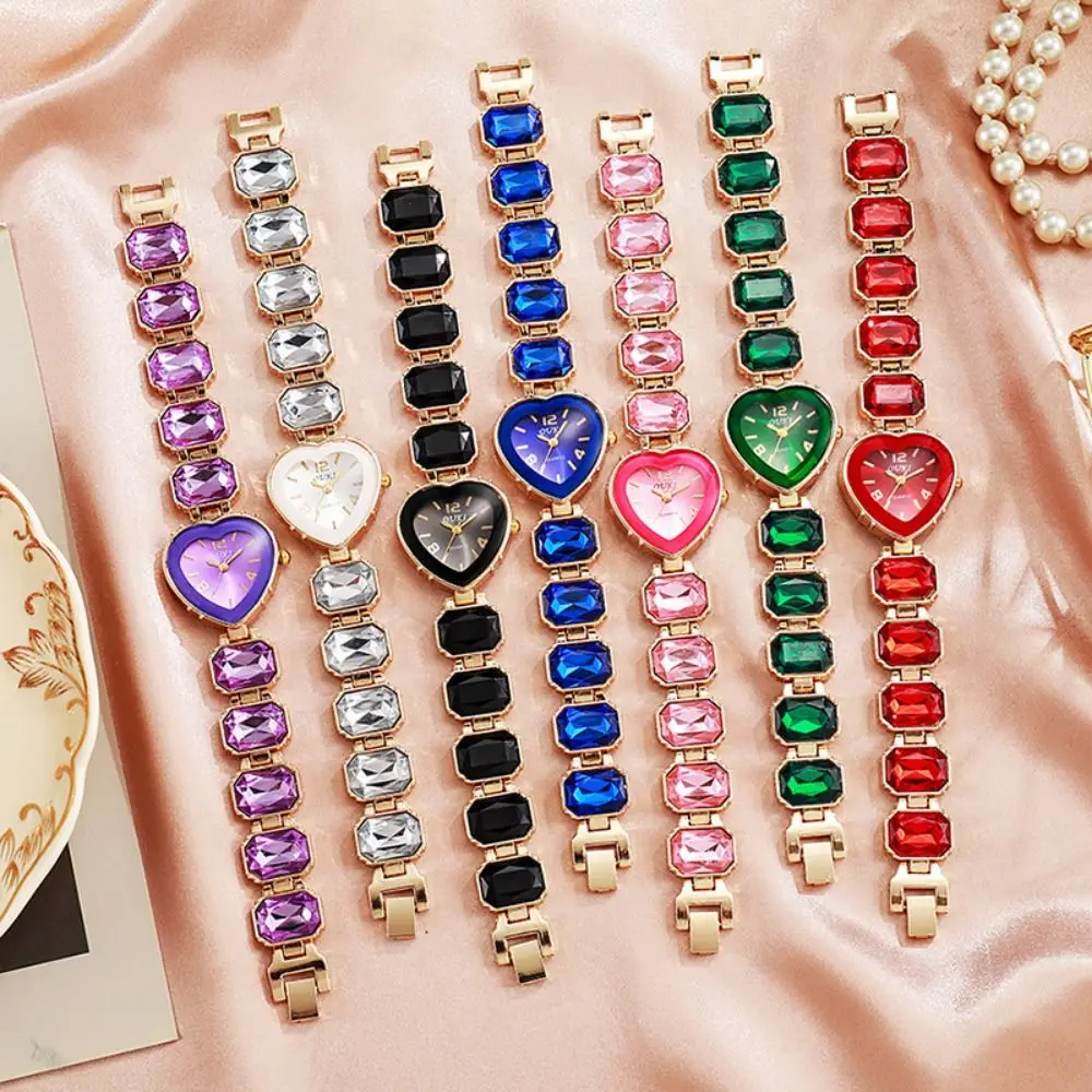 Heart Shaped Dial Crystal Candy Quartz Watch Colorful Quartz Movement Adjustable Bracelet Rhinestone Bracelet Watch Lightweight