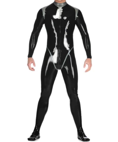 

Latex Rubber Black Jumpsuit racing uniform role playing party silver embellishment hand customized 0.4mm XS-XXL