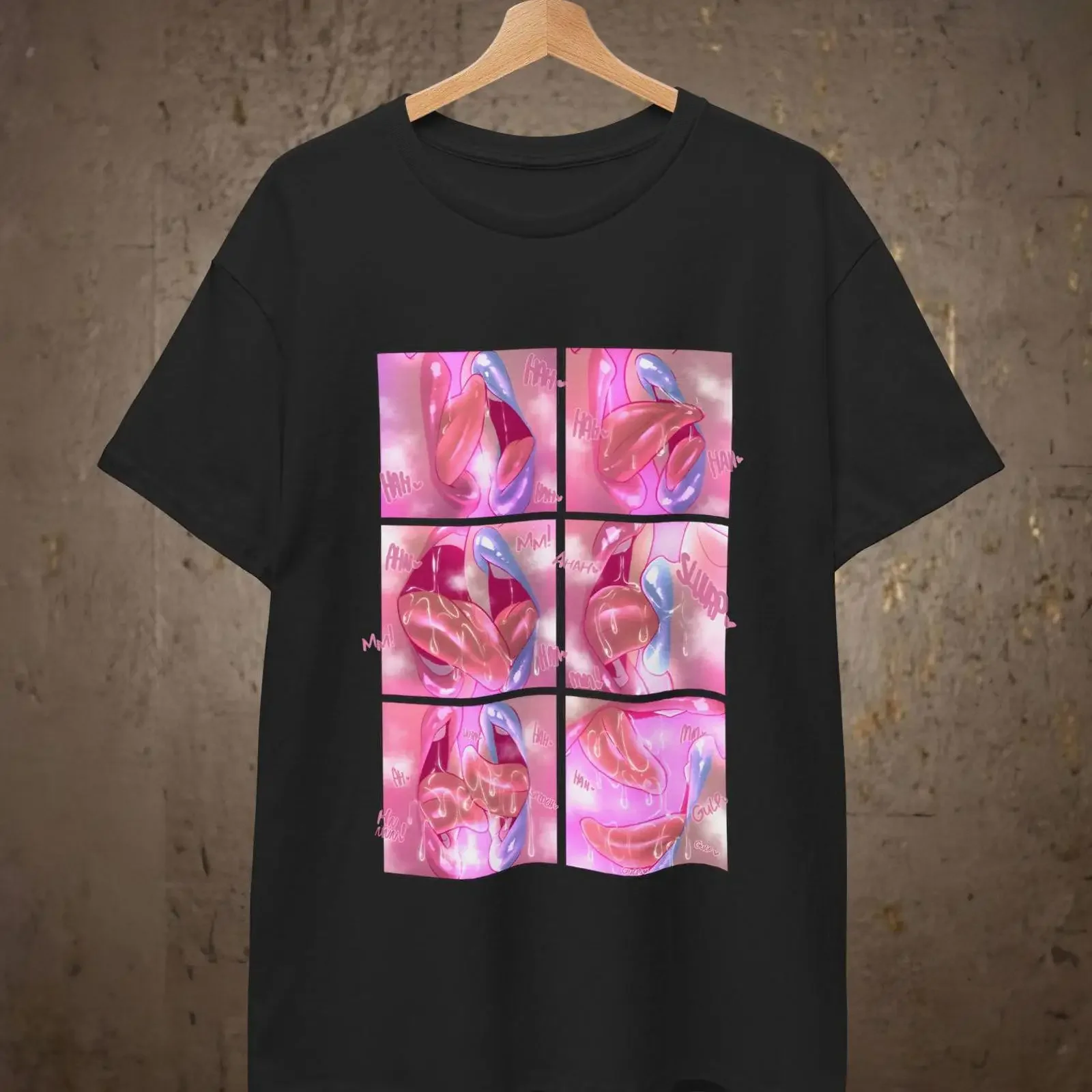 Y2K Aesthetic Pink Blue Glossy Abstract Liquid Panels Print Black  T Shirt vintage Washed Stretched Unisex fashion Slightly