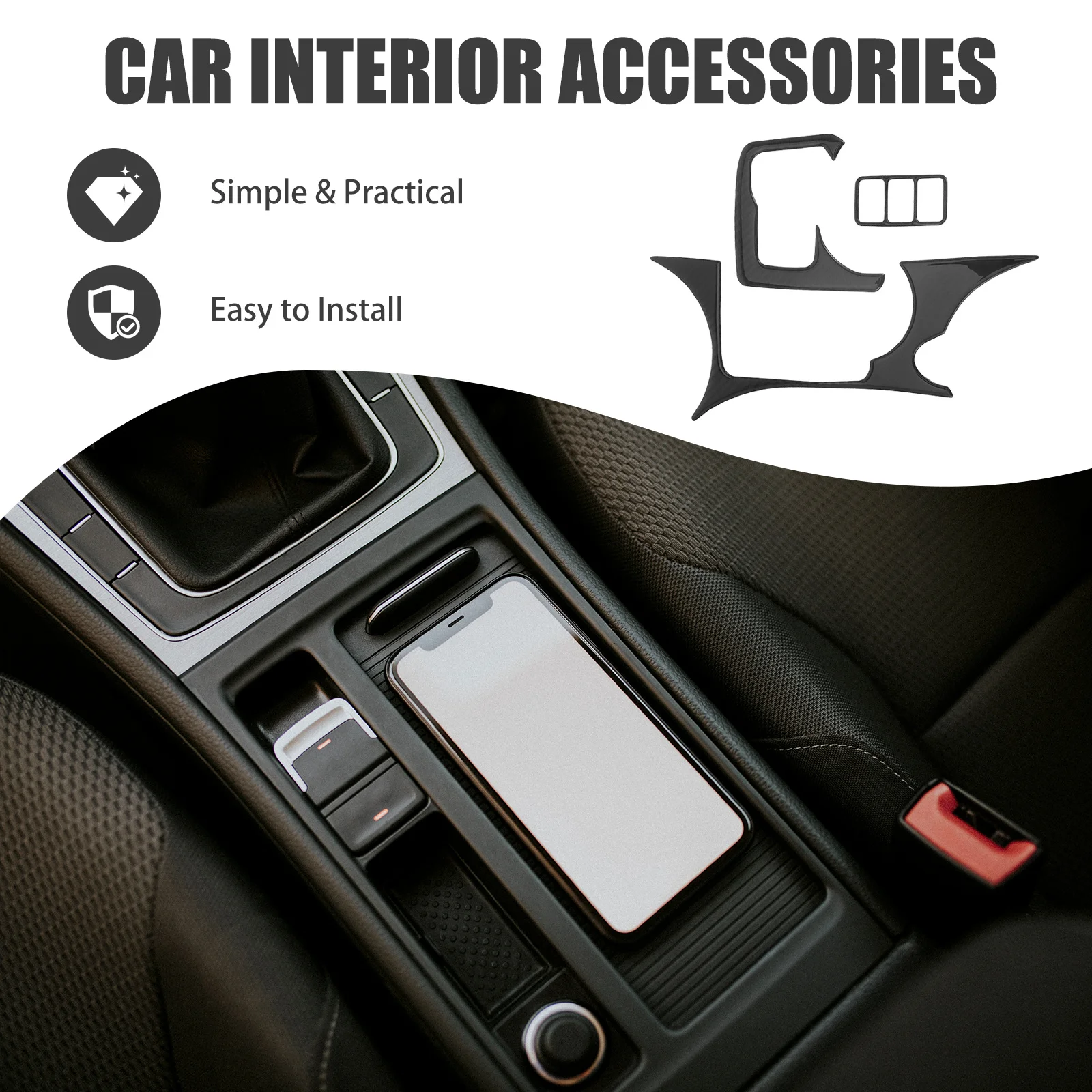 

1Set Carbon Fiber Center Console Cup Holder Trim Cover Kit Smooth Clear Texture Gear Shift Panel Car Accessories