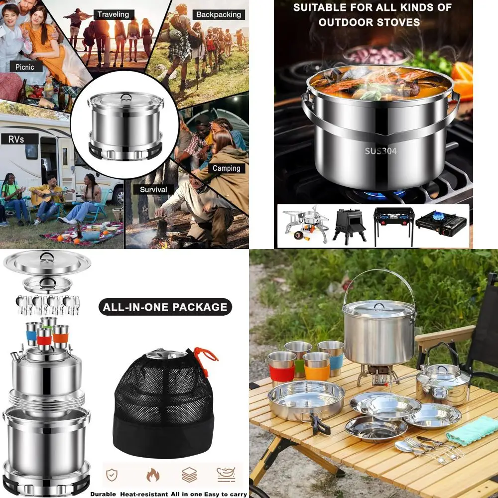 

Stainless Steel Camping Cooking Set for 4 with Pots, Pans, Cups, Plates, Forks, Knives, and Spoons for Hiking and Picnics