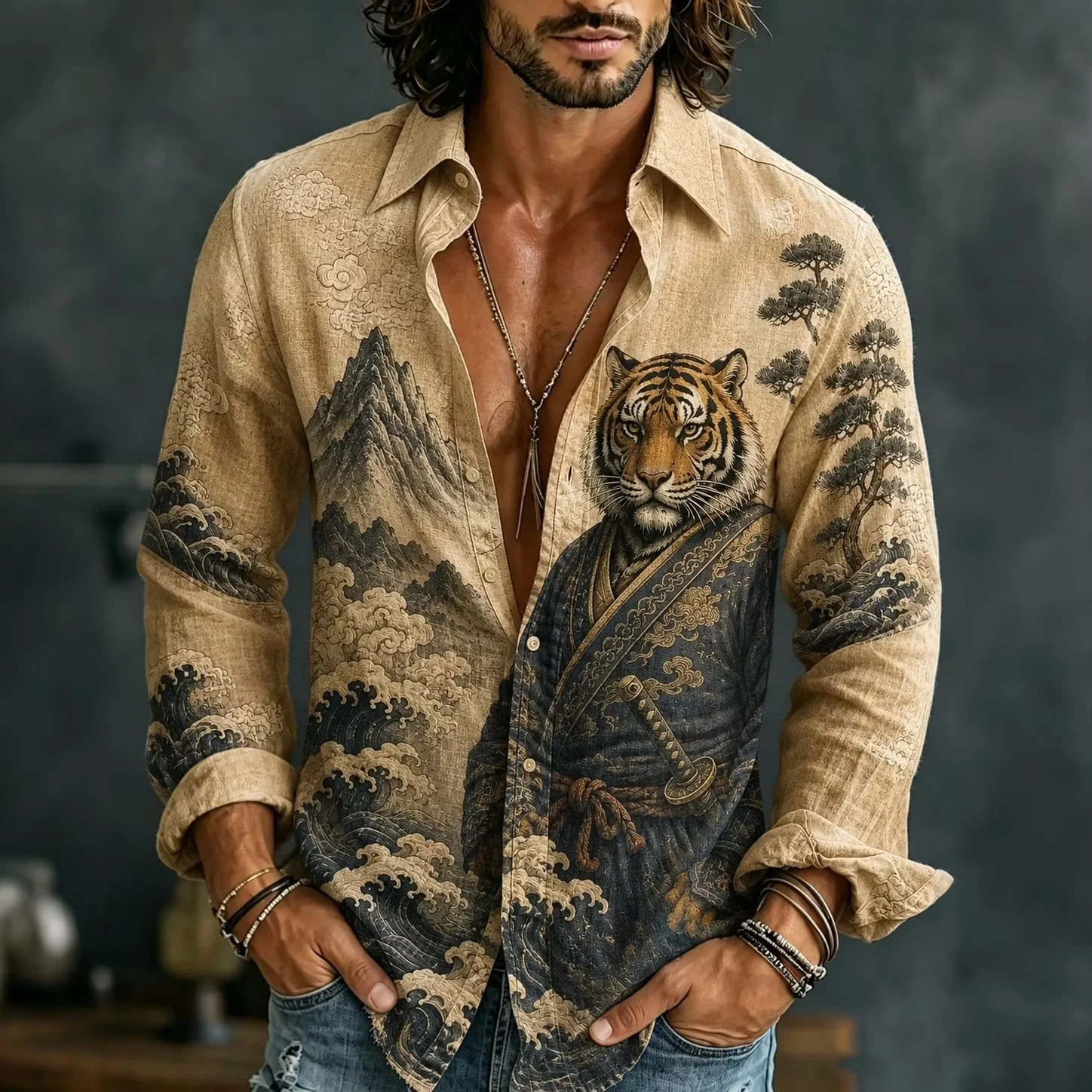 New men's long sleeved lapel shirt with cashew flower skull retro paisley 3D printed men's single shirt