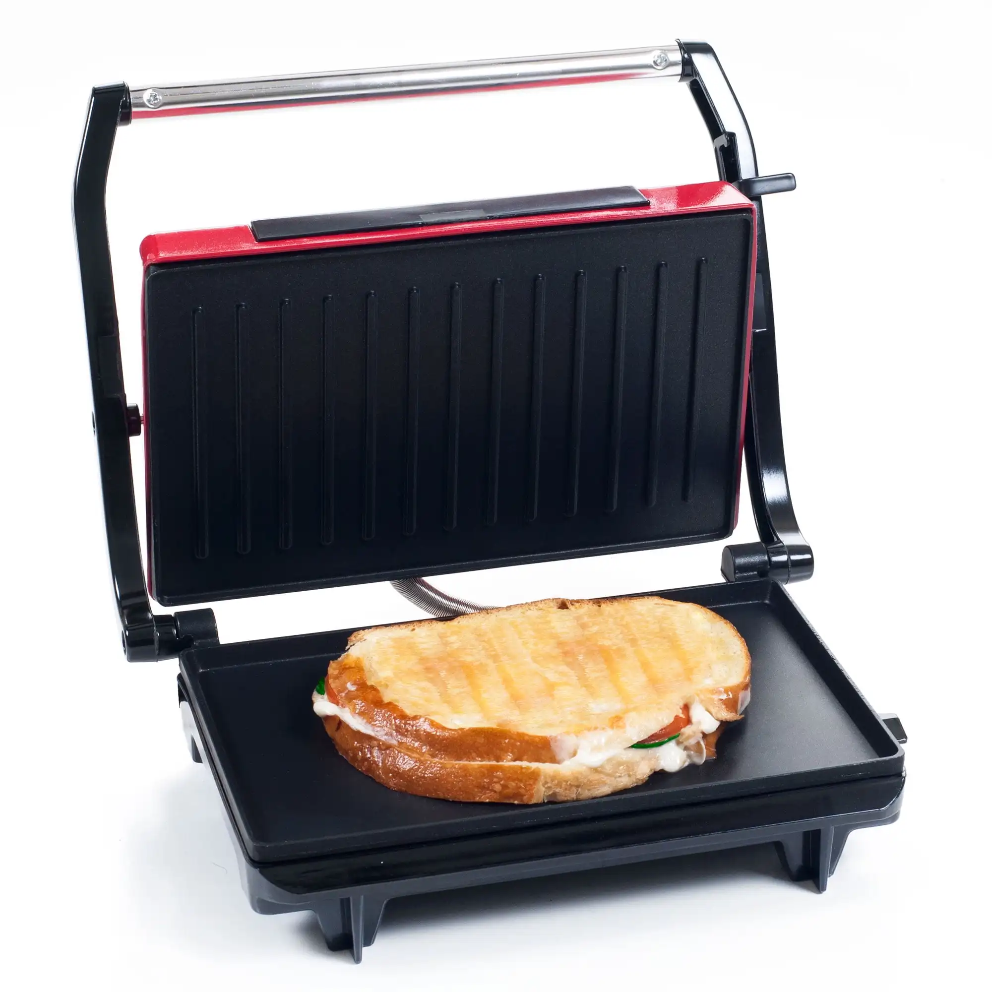 Chef Buddy Indoor Countertop Panini Press with Nonstick Plates (Red)