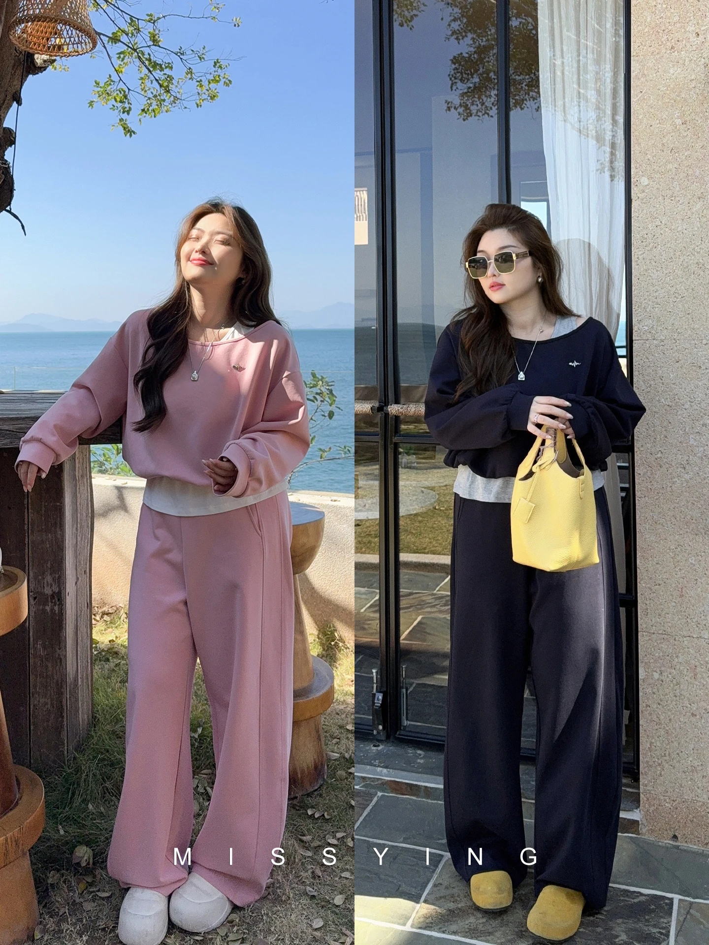 

Shoulder Bared Wide Leg Pants Two Piece Set Comfortable Spring Fashion Women's Loose Fit Sweatshirt High Waist Trousers