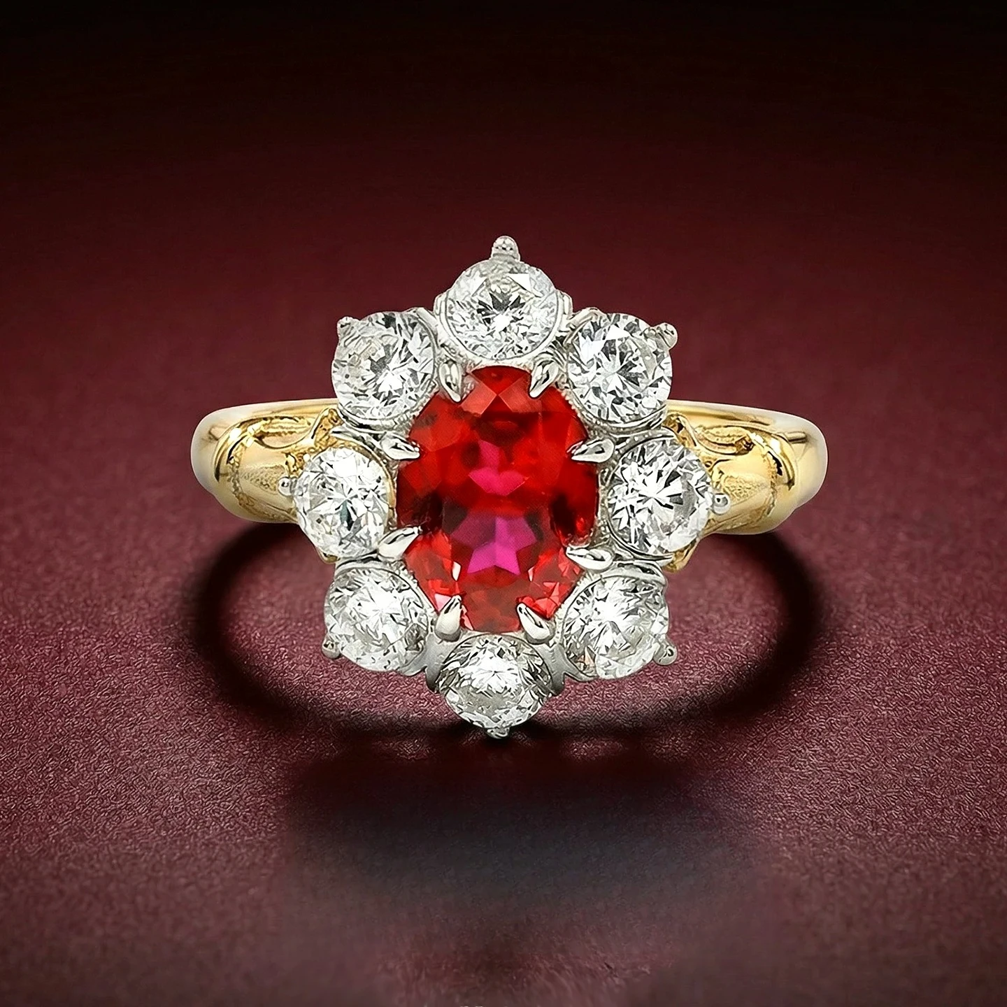 

Серебряное кольцо S925 с эллиптическим цирконом цвета «голубиная кровь» 6*8 мм, с женственным цветочным узором по периметру, стильное и элегантное украшение