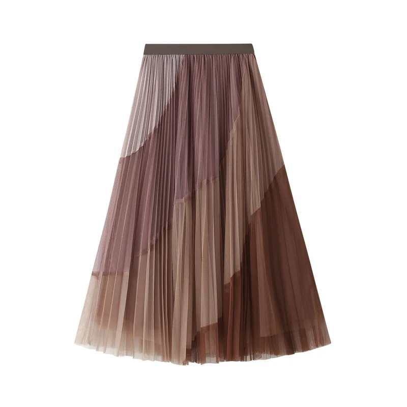 

Spliced Pleated Mesh With Elastic Waistband For Slimming Mid Length A-Line Large Hem Skirt In Winter 1803