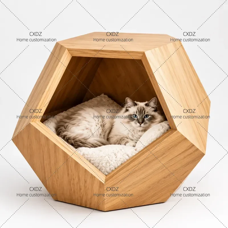 Simple Wooden Cat Litter Box Teddy Bear Shape Multi Purpose Solid Wood Furniture Polygonal Kennel for Living Room Cat House