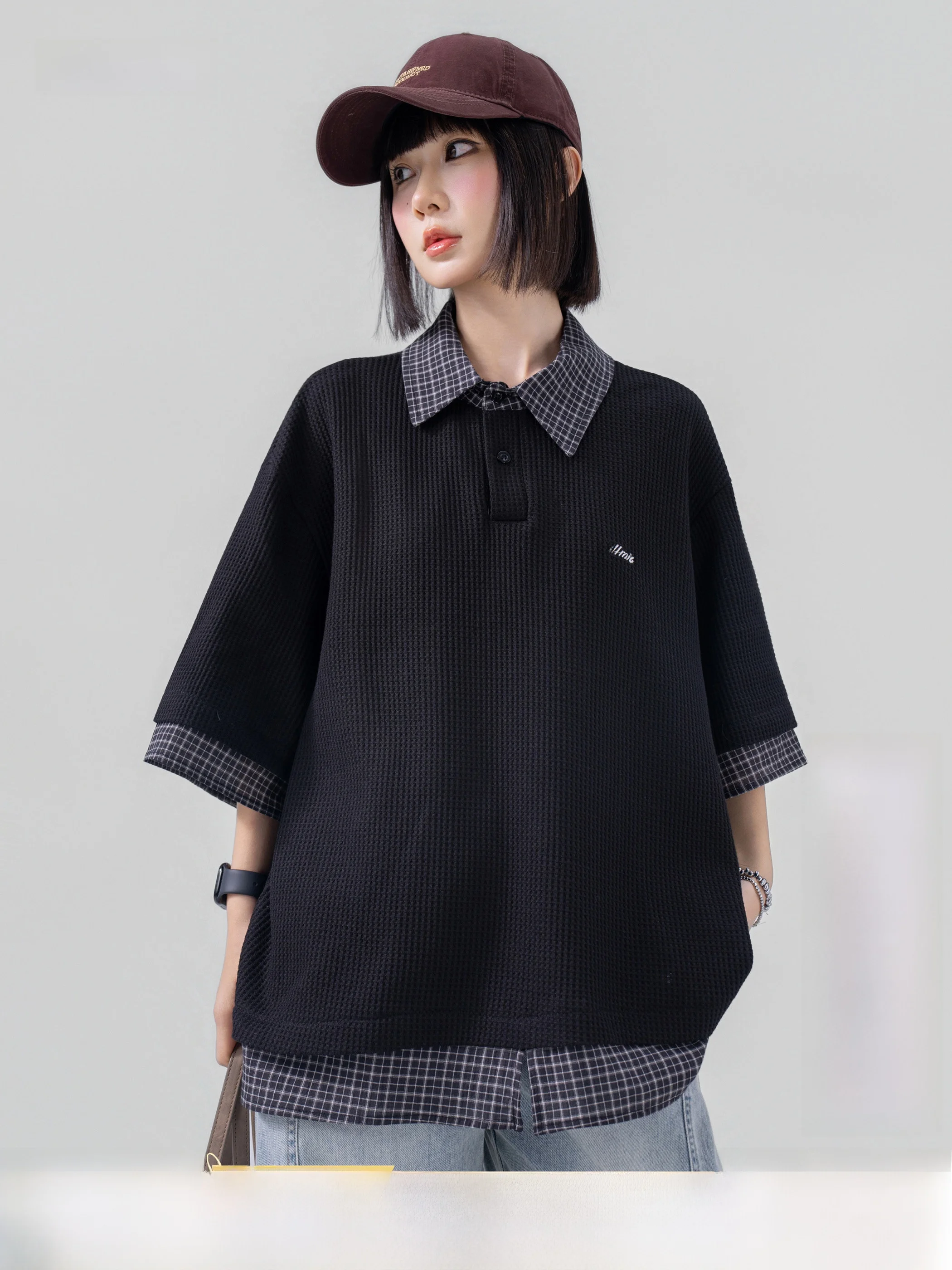 American Style Color Block Collar Short Sleeve T-Shirt Unisex Loose Breathable Summer Casual Waffle Pattern Top Shirt