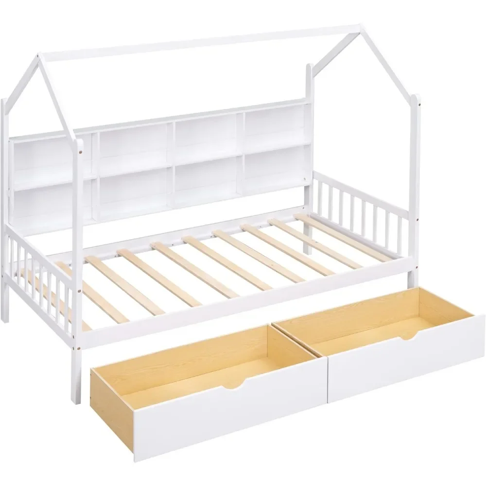 Cama doble para casa, estructura de cama infantil de madera con cajones y estructura para techo de casa, cama doble para niños con estante de almacenamiento y soporte de listones