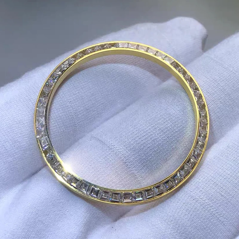 

Yellow Gold Color Watch Bezel with Baguette Moissanite Diamonds Setting For RLX 40DD, 41DJ 126333 Watch Remould Watch Parts