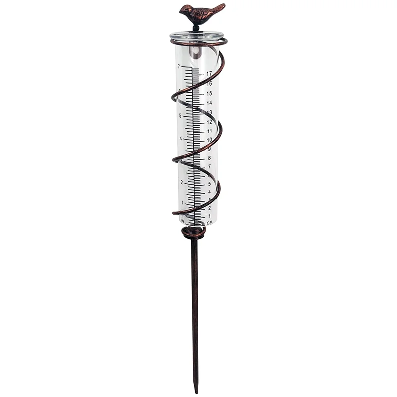 Capacity Glass Spiral Rain Gauge,Cast Iron Bird Hanging Rain Gauge,Garden Rain Water Meter Measuring with Metal Frame