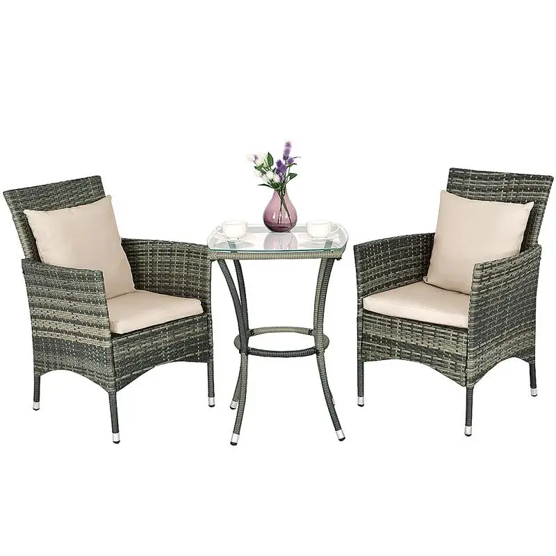 3 Pieces Patio Furniture Set with Cushioned Patio Chairs and Tempered Glass Coffee Table-White