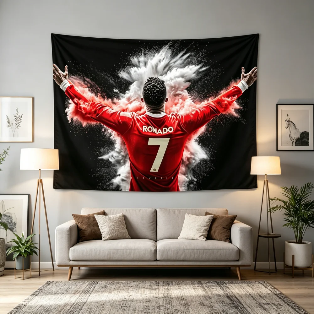 Red Jersey Number 7 Football Player Tapestry Black Background Wall Hanging for Sports Fan Room Decor