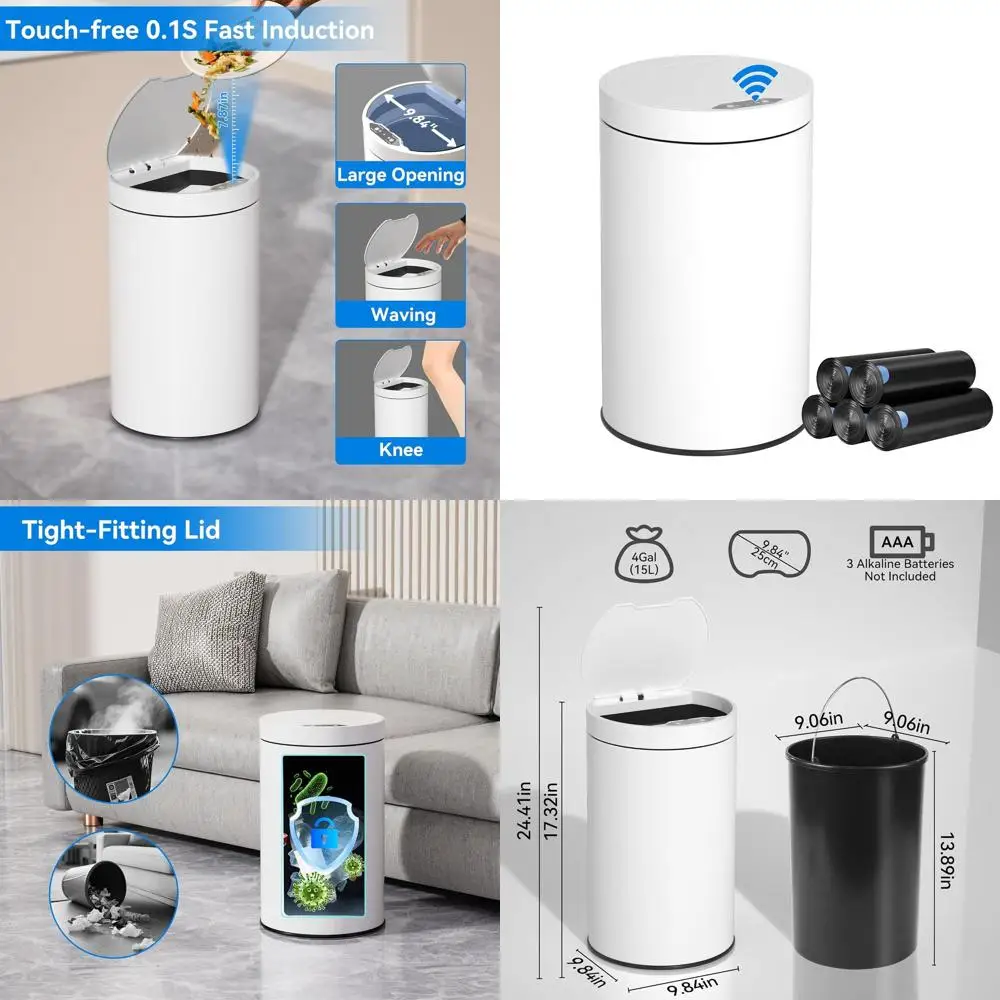 

4 Gallon Stainless Steel Automatic Touchless Trash Can with Lid, Ideal for Bathroom, Kitchen, Bedroom, and Office