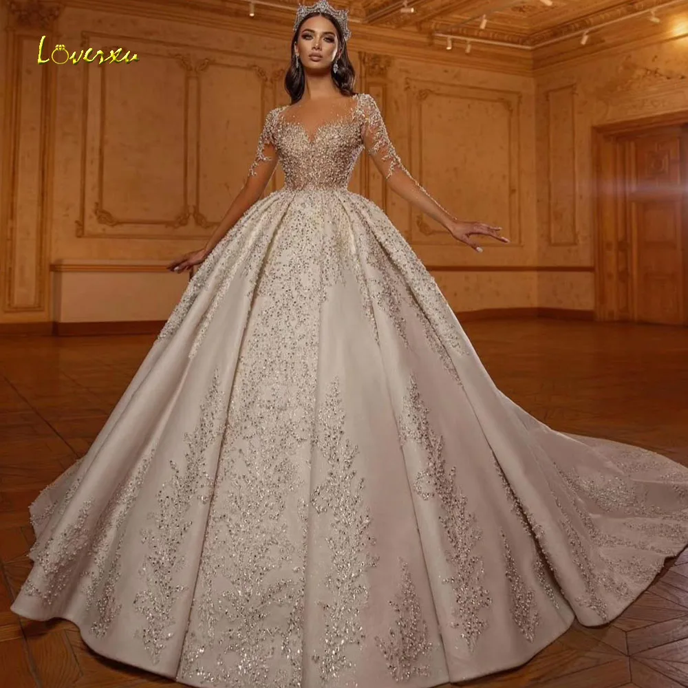 

Loverxu Ball Gown Glitter Wedding Dresses Scalloped Vestido De Novia Lace Beaded Sequined Luxury Royal Custom Made Bridal Gowns