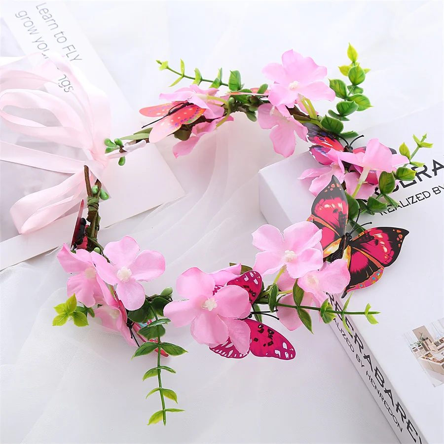 

Fashion Pink Flowers Crown Festival Headpiece Women Hair Accessories Headdress Girl Baby Crown Floral Garland Wedding Headwear