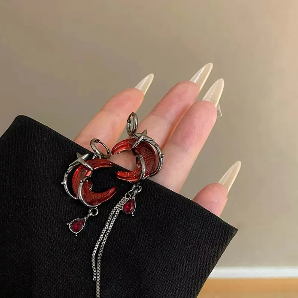 Red Moon Gem Asymmetric Earrings Personality Hip-Pop Gothic Jewelry Accessory Ring Necklace Dark Ear Pendants