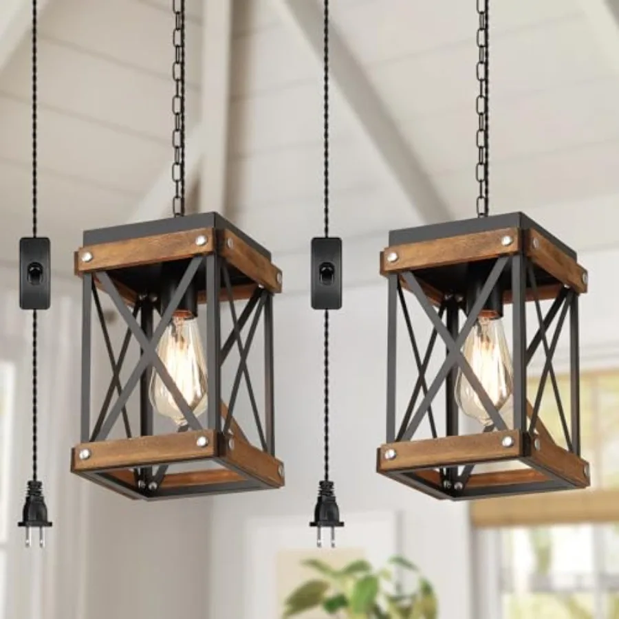 

2 Pack Rustic Farmhouse Plug in Pendant Light Fixture with Adjustable Chain Oak Wood and Metal Lantern Cage Mini Hanging Lamp f