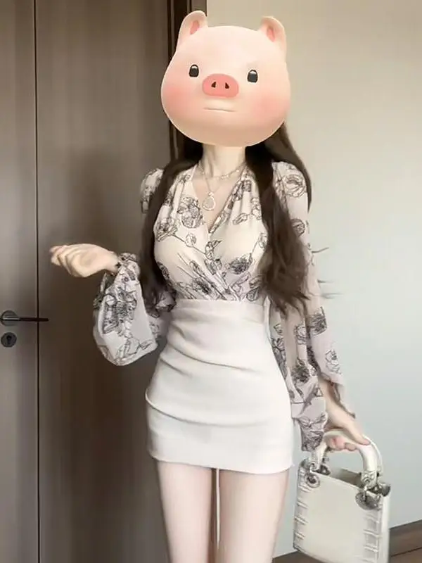 

plus Size Women's Gentle V-Neck Lantern Sleeve Top And High Waist Wrap around Skirt Set Spring Summer Fashion Casual Outfit