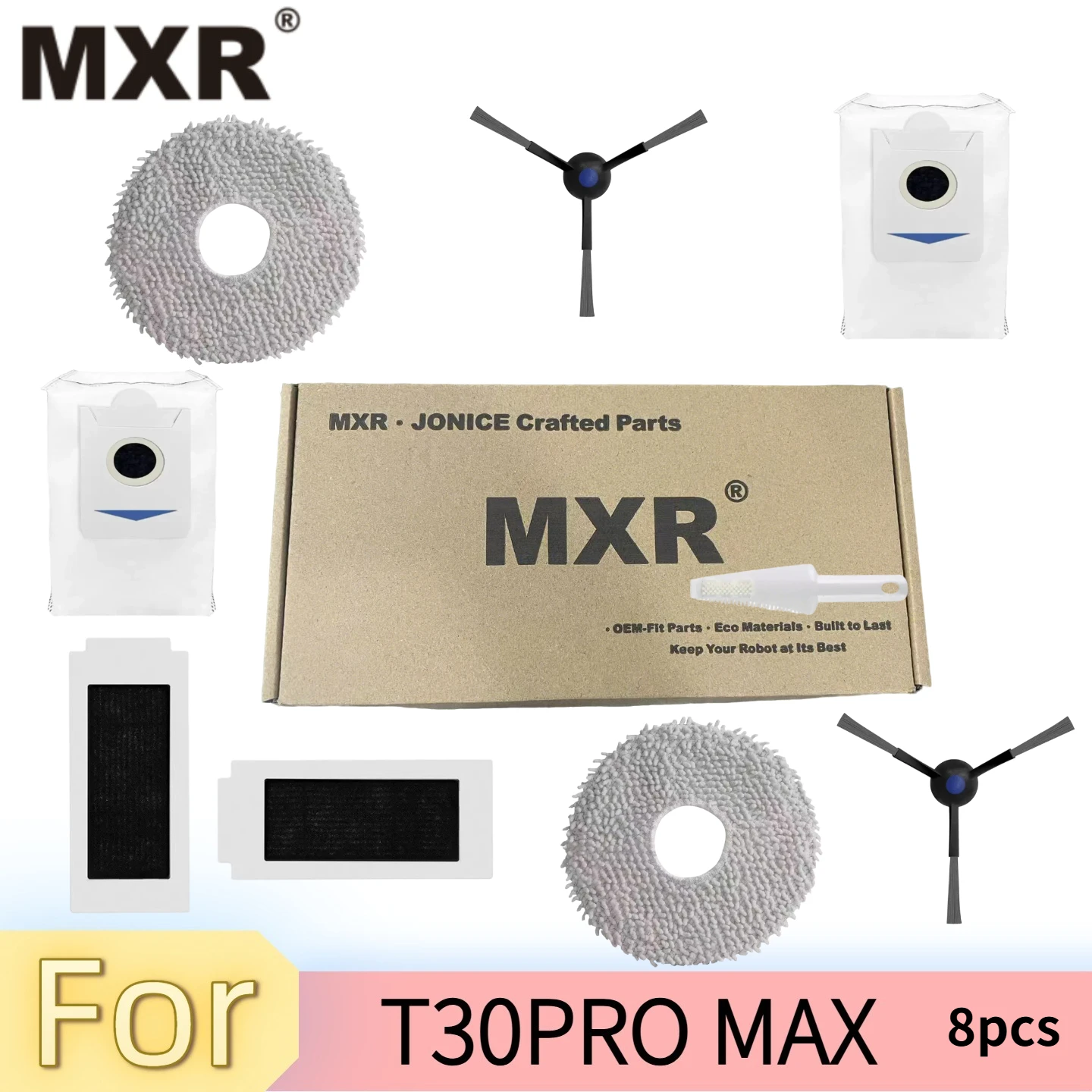 

Аксессуары для робота-пылесоса ECOVACS DEEBOT T30S/ T30S COMBO/ T30S AI: сменные части — основная щетка, боковая щетка, фильтр, салфетка для влажной уборки.