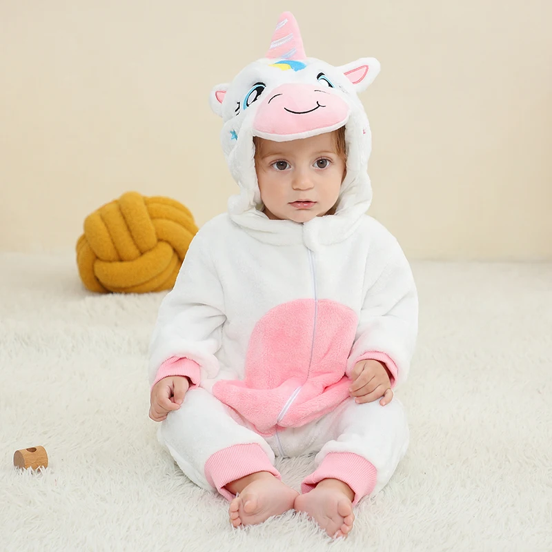 MICHLEY Halloween Unicorn Baby Rompers Winter Costume Flannel for Girl Boy Toddler Infant Clothes Kids Overall Animals Ropa Bebe