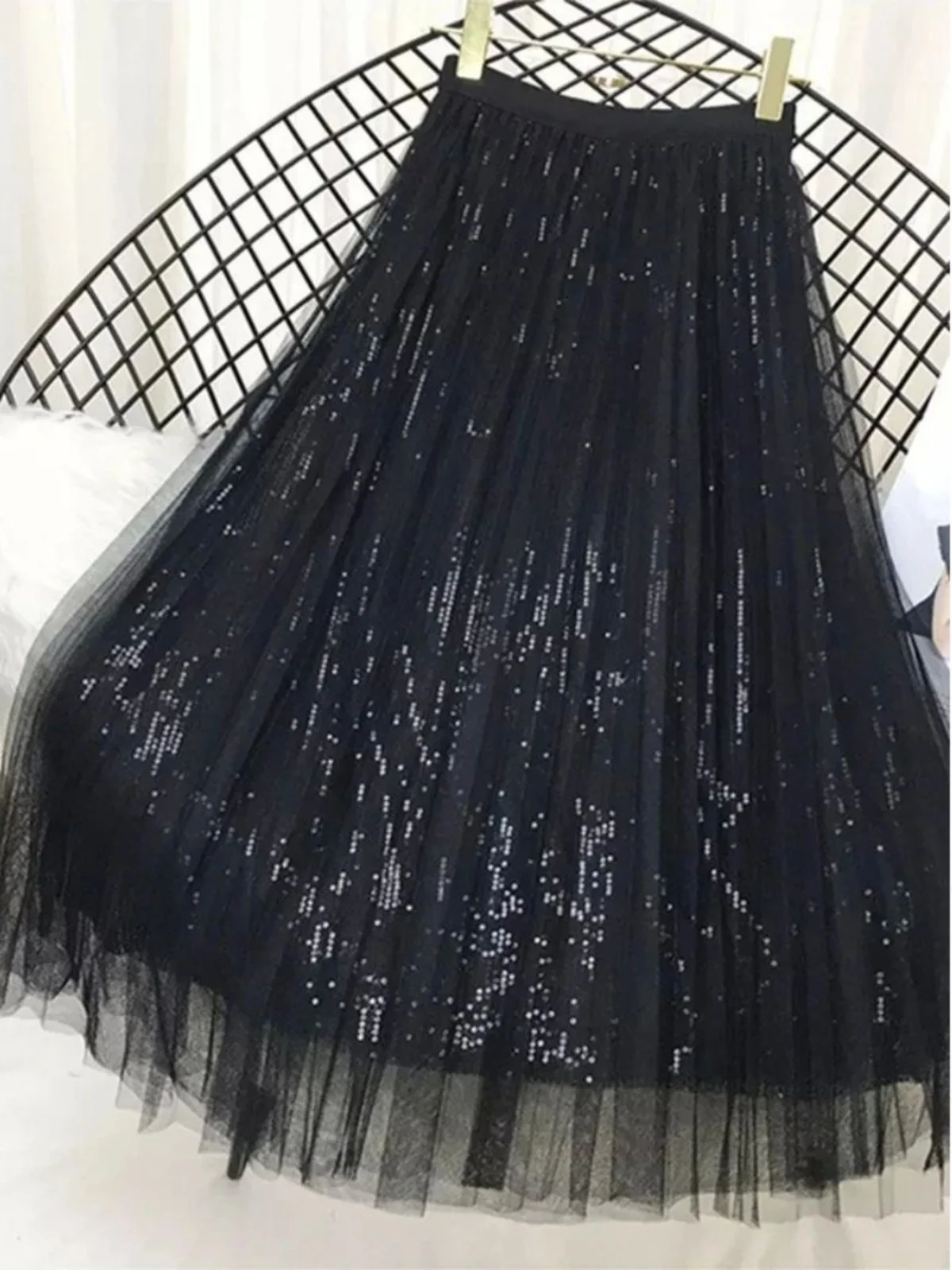 Falda larga de malla con lentejuelas de doble capa y cintura alta, estilo urbano, línea A, tela de poliéster, falda brillante...