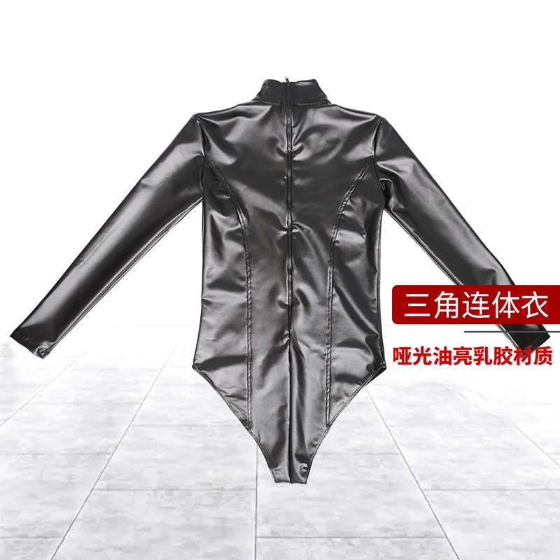 Sexy Faux Latex Bodysuits Women Long Sleeve Bodycon PU Leather Playsuits Ladies Exotic Stitching Costumes Clubwear New Custom