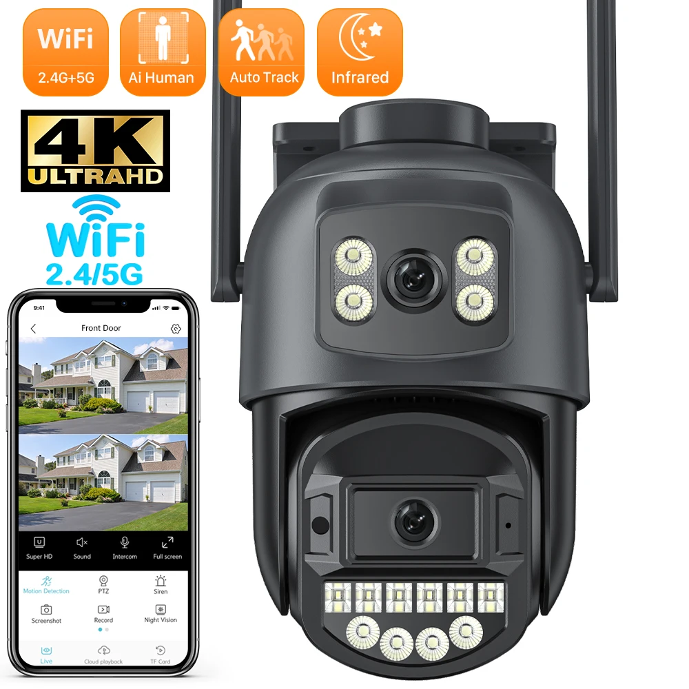 Imagem -01 - Dual Lens Dual Screen Outdoor Câmera Detecção Humana Auto Tracking Onvif Interfone Bidirecional Cctv 8mp 2.4g 5g 4k 10mp dual lens dual screen outdoor camera deteccao humana auto tracking onvif interfone bidirecional cctv 8mp 24g 5g 4k 10mp 01