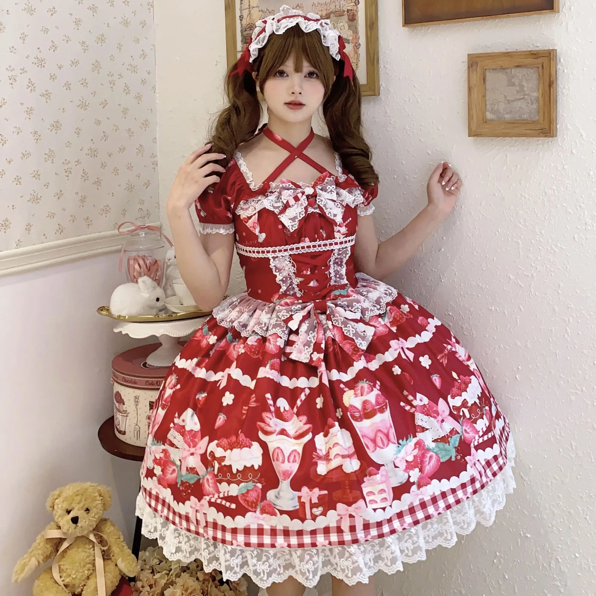 

MAGOGO Strawberry Barfi~White Sugar Girls Original Design Summer Lolita Dress Sweet Strawberries Printed OP Short-sleeved Dress