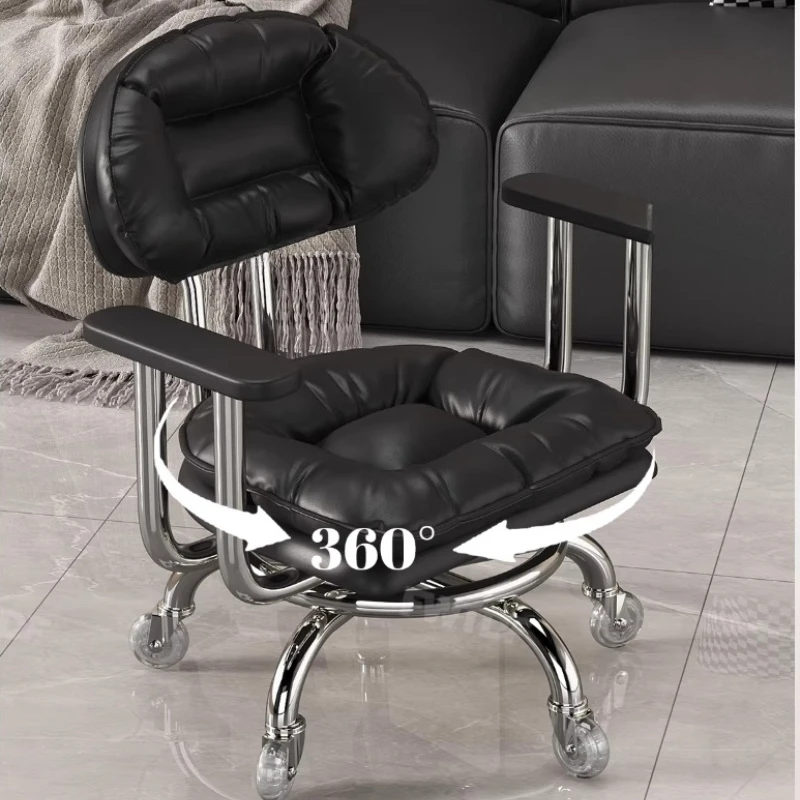 Simple Black Mobile Rolling Stool Living Room Low Backrest Chair for Home Premium Small Bench Swivel