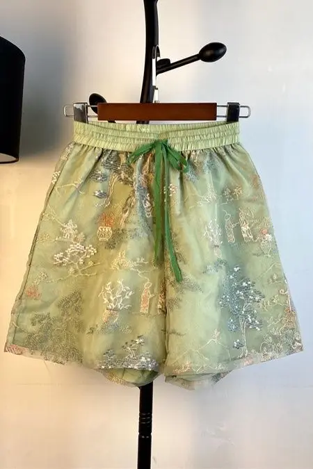 New Chinese Style Fashion Retro Embroidery Loose Wide Leg Shorts Women's Net Elastic Drawstring Casual Summer