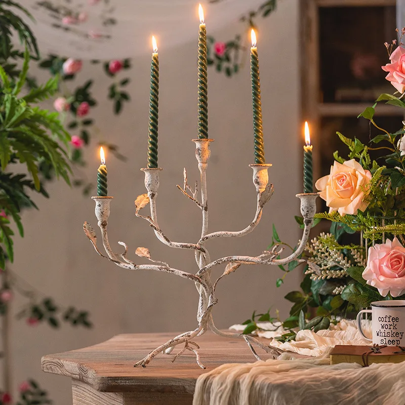 Vintage Iron 5-Arm Candelabra, Branch Design, Hand-Forged, White, Antique European Candle Holder, Rustic Home Decor