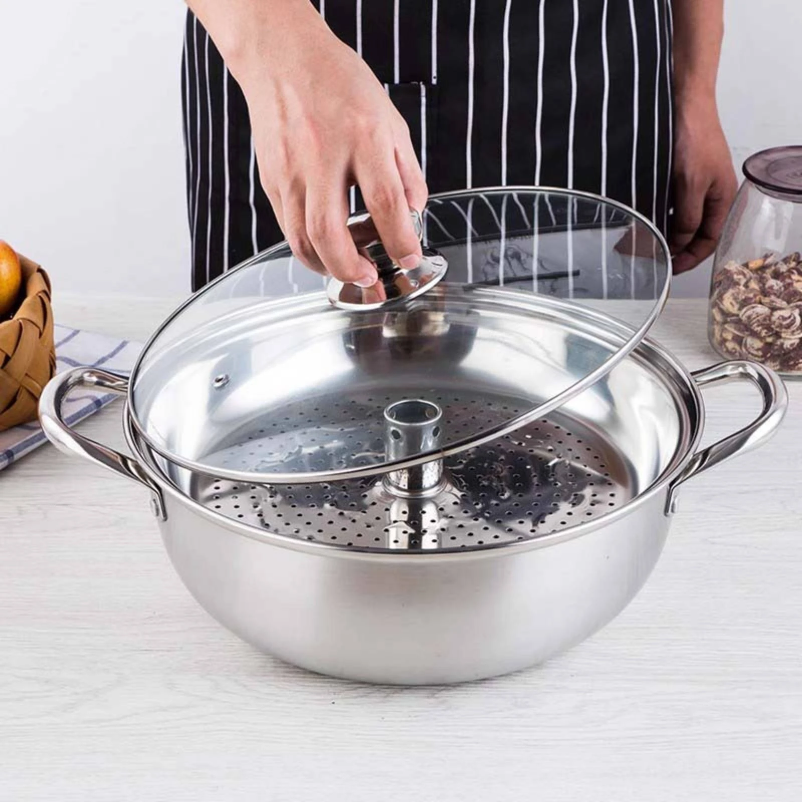 Stainless Steel Steamer Pot Polished Silver Glass Lid Steamer Pot Kitchen Cookware Stay-Cool Handles Induction Compatible - view 2