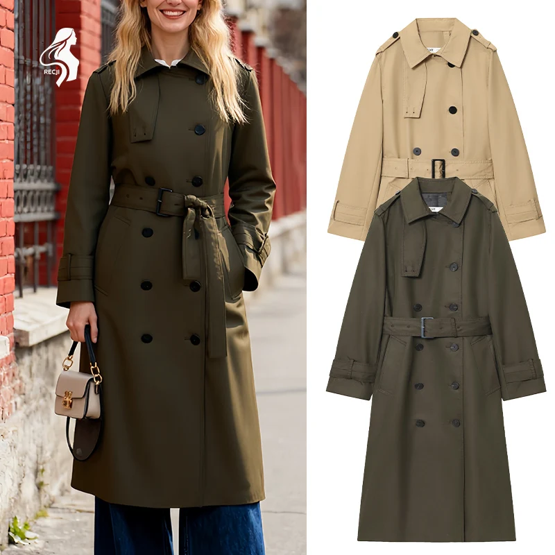 

Женский плащ, классический двубортный длинный плащ с поясом и воротником с лацканами, необходимо иметь осенне-зимний Trafizaran