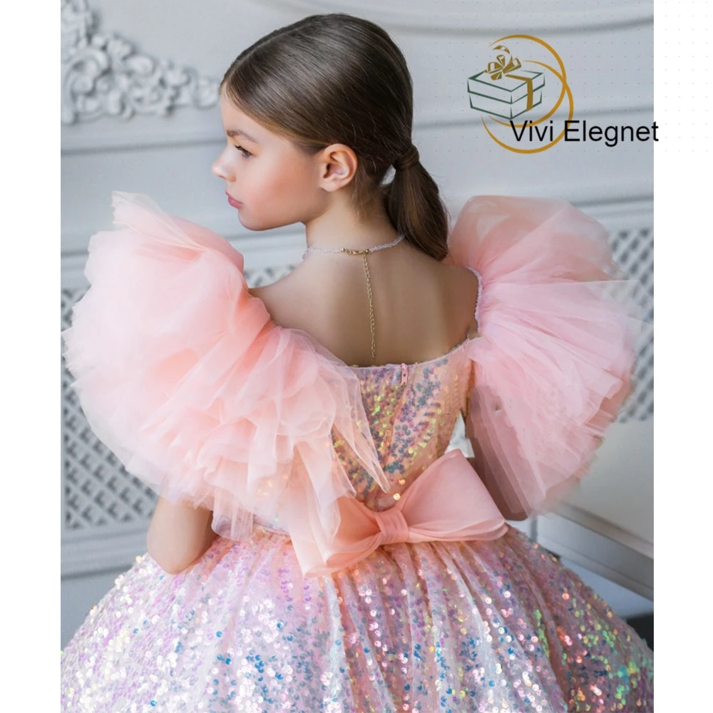 Fashion A Line Knee Length Short Sleeve Girls Pageant Dress Kids 2022 Summer Pink Sequined Christmas Gown Zipper Back فساتين اطف