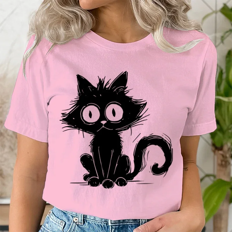 Women's Clothing Big Eyes Cat Graphic T Shirts Summer Clothes Cartoon Cute Cat Printed T-shirt Funny Animals Short Sleeve Tshirt