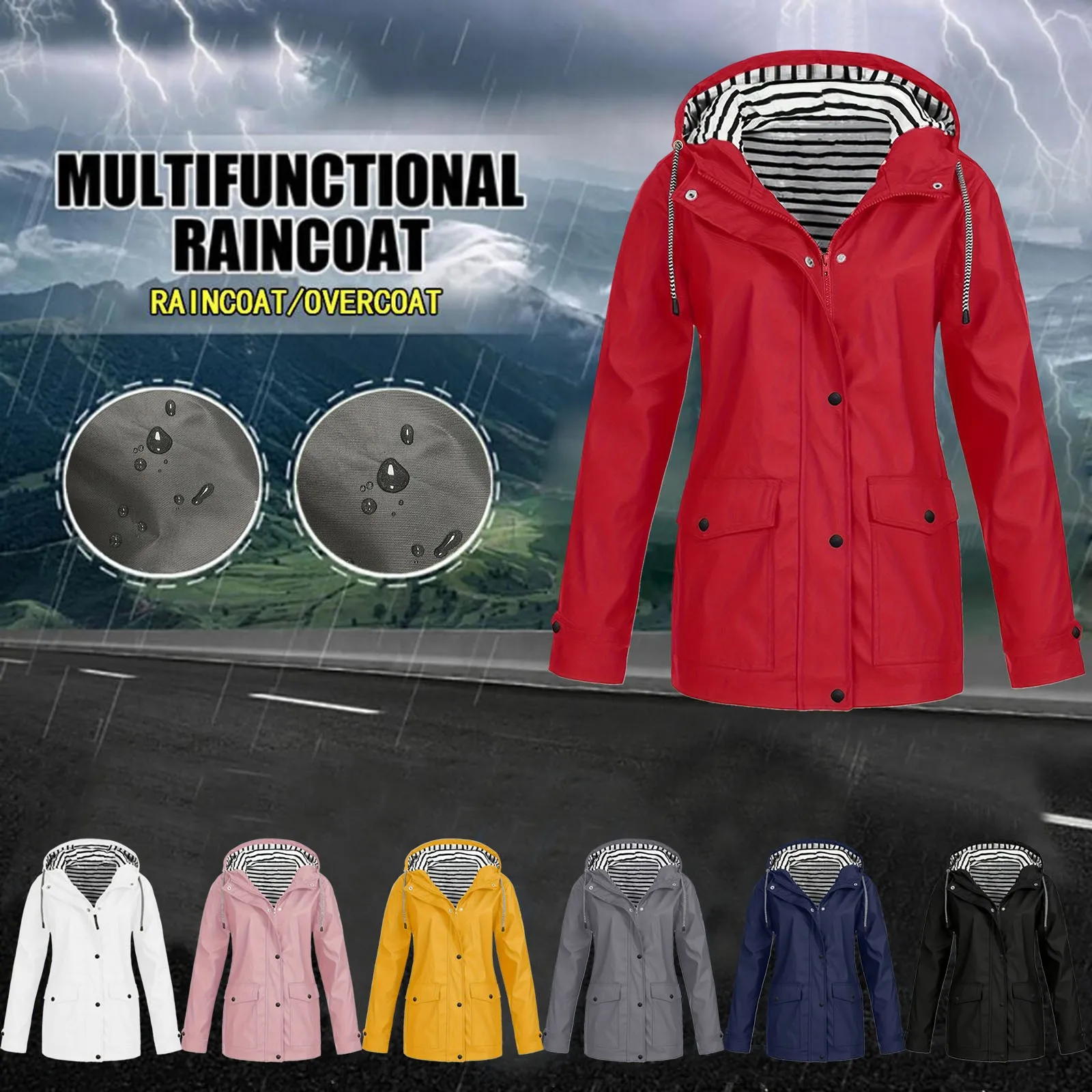 

Women Raincoat Windbreaker Lightweight Breathable Jacket Zipper Rain Coat Windproof Waterproof Hooded Autumn Rainwear Outwear