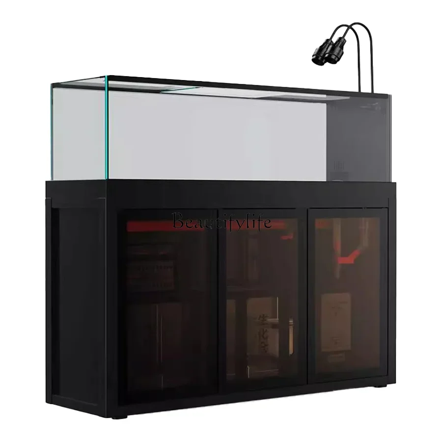 09Fish tank living room Lanshou tank large floor ultra-white partition bottom filter water-free ecological bag back