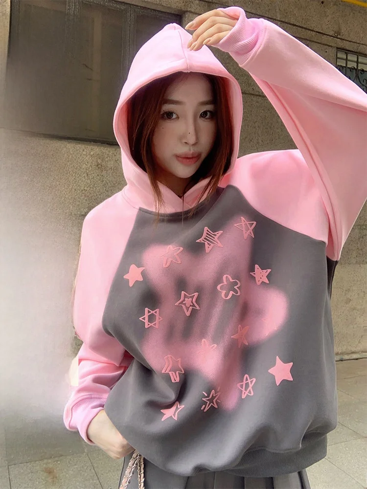 

Pink Color Block Hoodie Women's Slim Fit Style Casual Comfortable Long Sleeve Cotton Sweatshirt Korean Commute Fashion