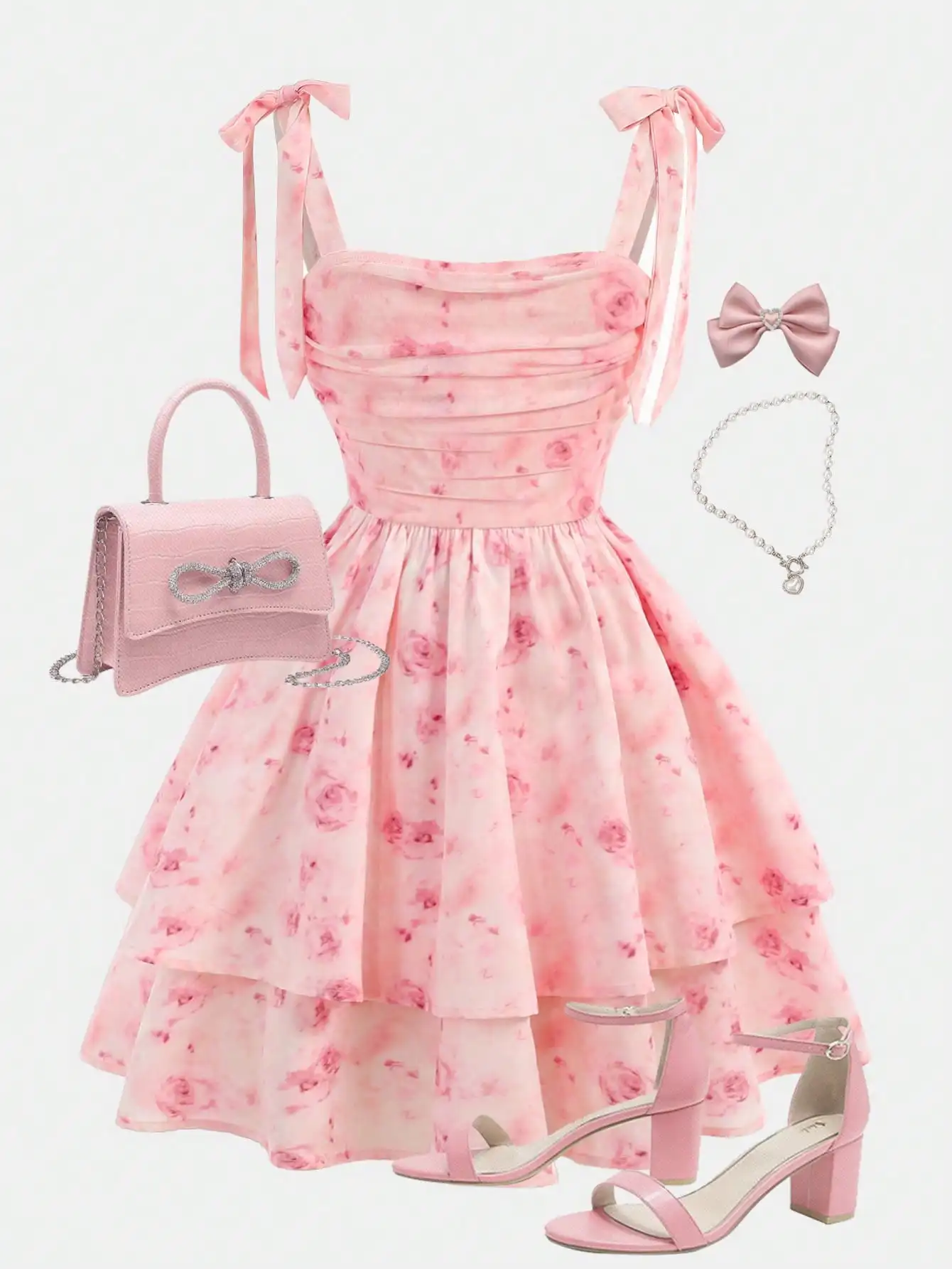 

Розовое платье А-силуэта с цветочным принтом, бретелями-бантиками, драпировкой на талии и многоярусной юбкой для девочек