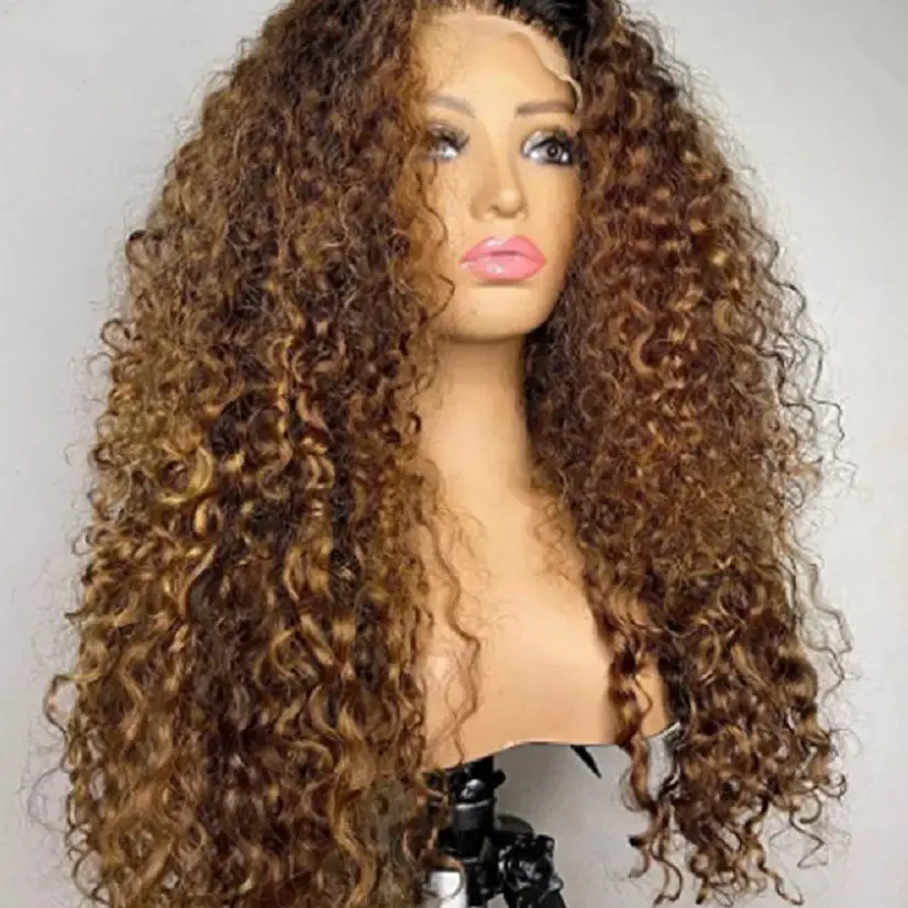 

180 Плотность Бесклеевой Ombre Блондинка Длинный Мягкий 26 Дюймов Кудрявый Вьющийся 13x4x1 Парик Фронта Шнурка Для Женщин С Волосами Младенца Предварительно Сорванные Ежедневно