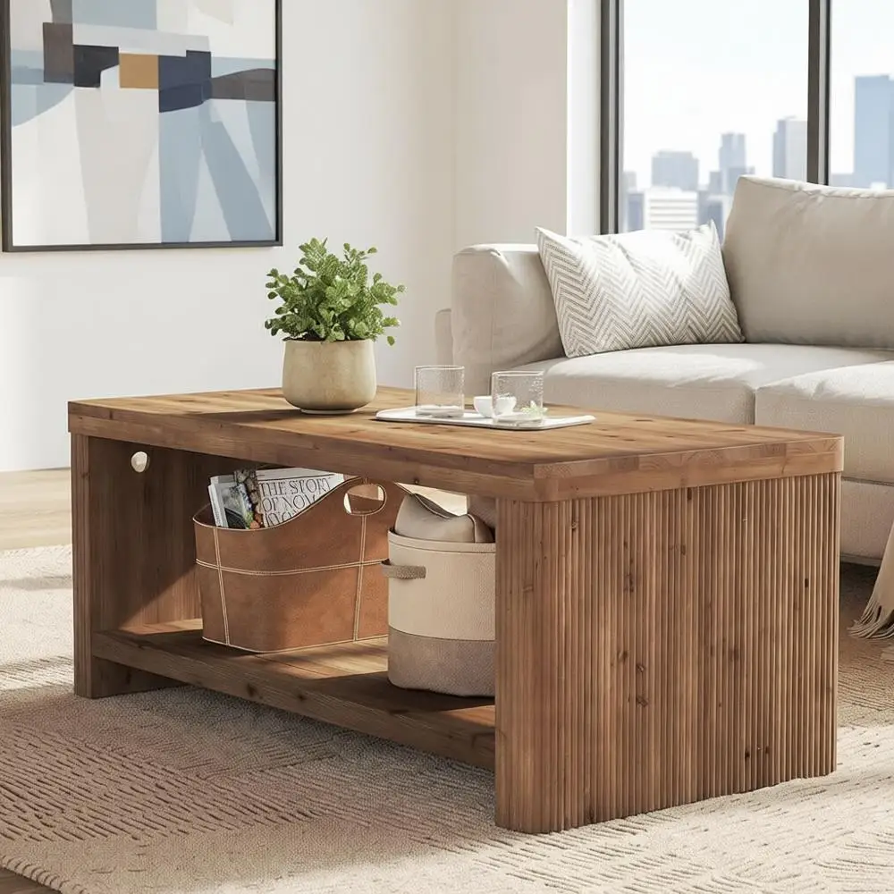 

Rustic Brown 2-Tier Solid Wood Coffee Table, 47.24 Rectangle Storage Accent Table for Living Room, Modern Fluted Low Cocktail Fu