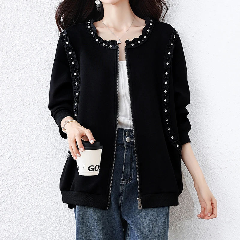 

L-XXXL Beaded Ruffles Zip Up Jacket Coat Women Winter Long Sleeve Sweatshirt Coat Female Harajuku Y2K Black Jacket Tops